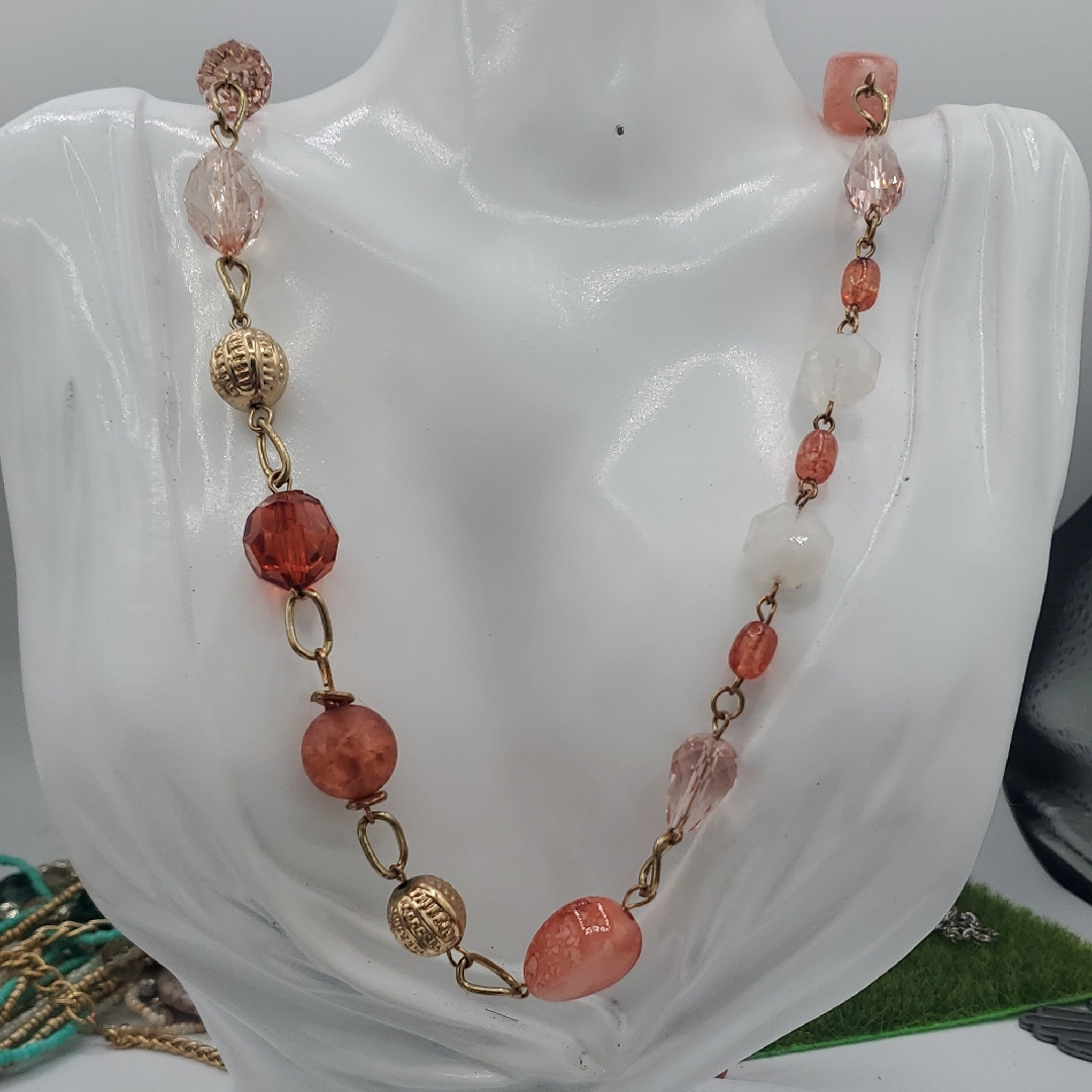 Elegant Gold Tone And Pink Beaded Necklace 48 Inch N3839 Easter Colors 75$